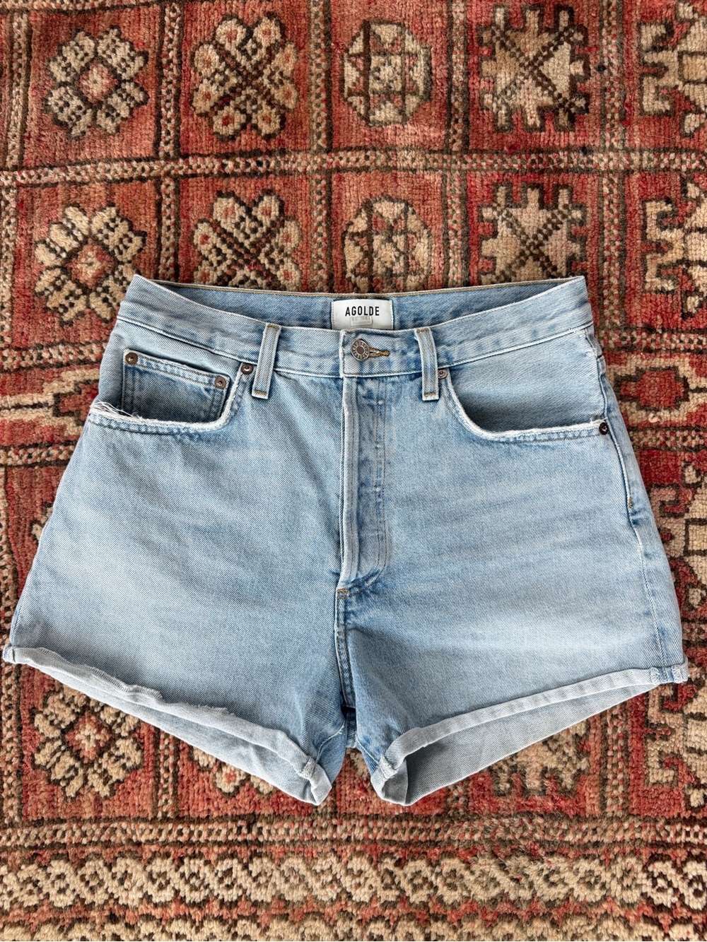 AGOLDE Light Wash High Rise Denim Shorts Size 28 | Button Fly | Cuffed - Picture 2 of 5